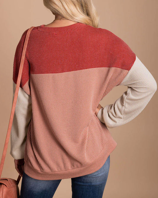 Color Block Long Sleeve Ribbed Loose Top