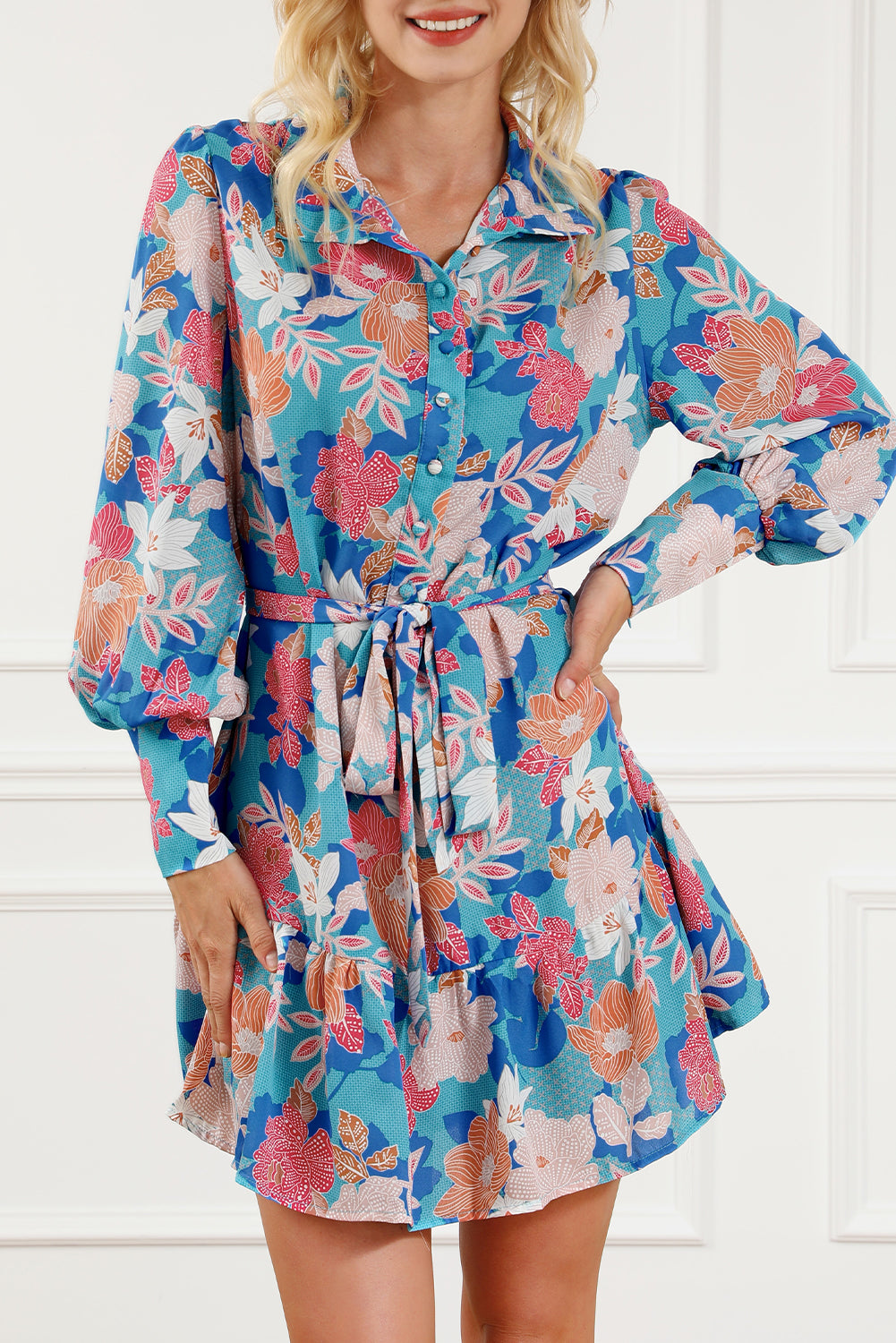 Floral Print Lantern Sleeve Belted Shirt Dress