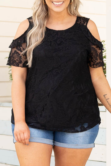 Black Floral Lace Cold Shoulder Plus Size Top