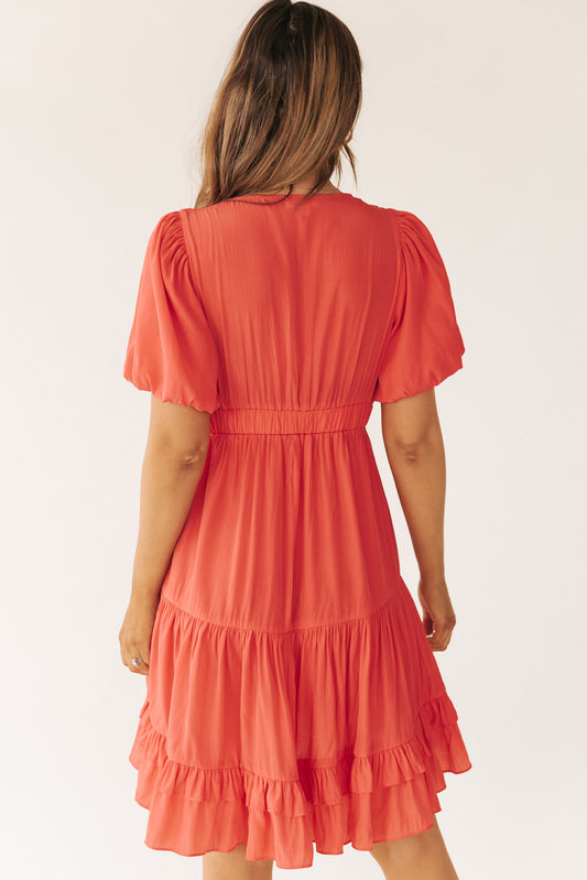 Orange Ruffle V Neck Tiered Puff Sleeve Mini Dress