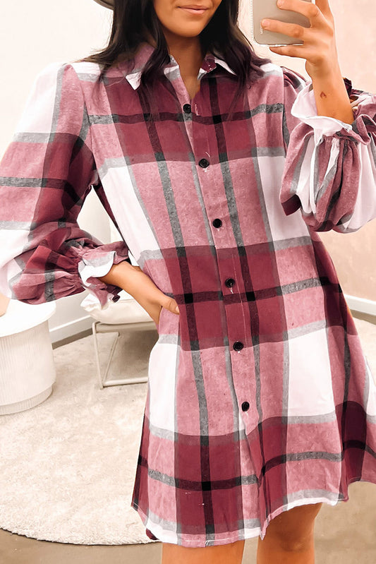 Plaid Pattern Collared Neck Ruffled Sleeve Shirt Dress