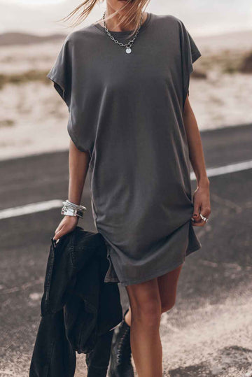 Gray Bat Sleeve T-shirt Dress with Slits