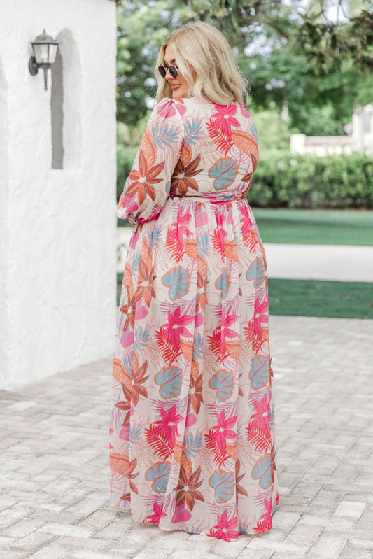 Tropical Palm Print Tie High Waist Plus Size Maxi Dress