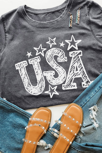 USA Stars Graphic Print Short Sleeve Casual Tee