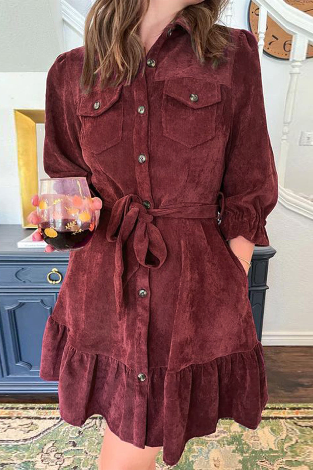 Ruffled Hem Shirt Corduroy Dress