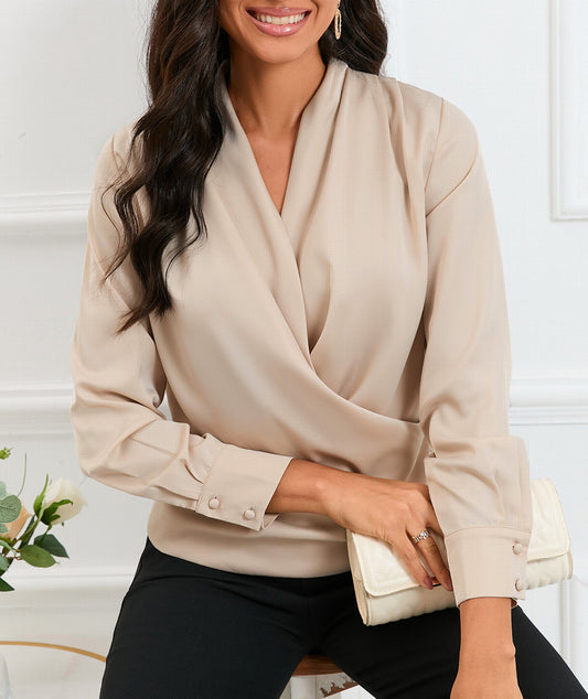 Solid Wrap V Neck Long Sleeve Top