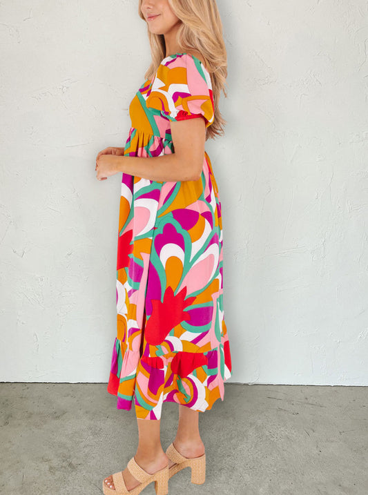 Abstract Print Square Neck Flowy Midi Dress