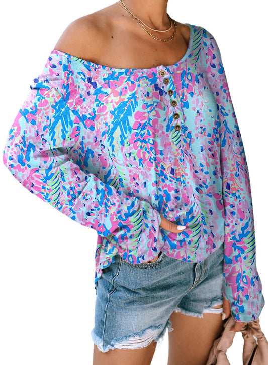 Printed Wide Neck Thumbhole Sleeve Henley Top