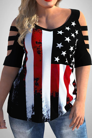 American Flag Print Plus Size Cold Shoulder T Shirt