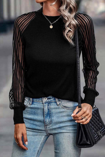 Striped Mesh Long Sleeve Crewneck Ribbed Top