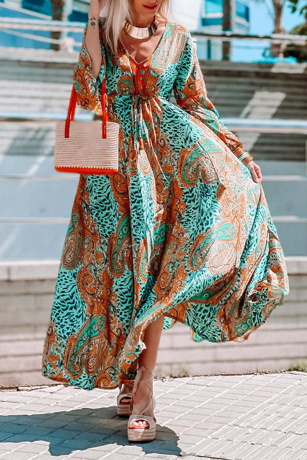 Boho Paisley Mix Print Long Sleeve V-Neck Tie Maxi Dress