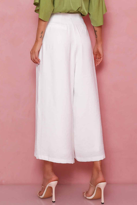 White Buttons Cropped Wide Leg Pants