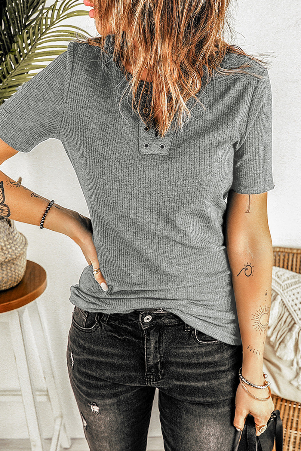 Gray Black Ribbed Knit V Neck Short Sleeve Top