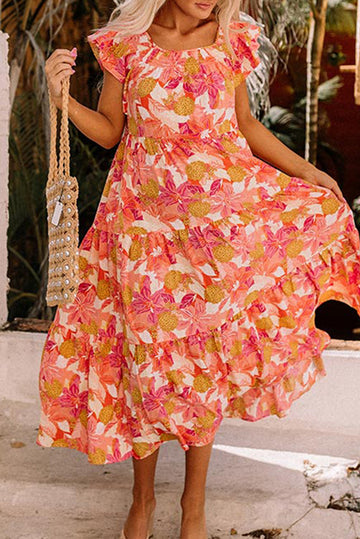 Floral Print Ruffle Sleeve Tiered Long Dress