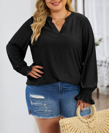 Split Neck Flounce Sleeve Plus Size Blouse