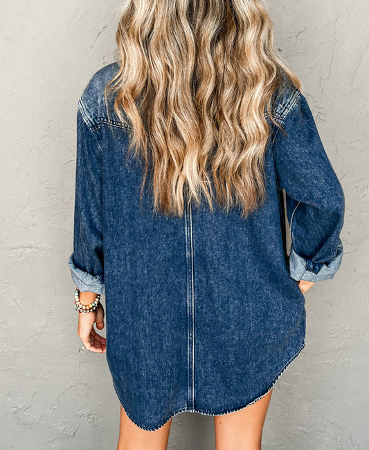 Flap Pocket Snap Button Wash Denim Shacket