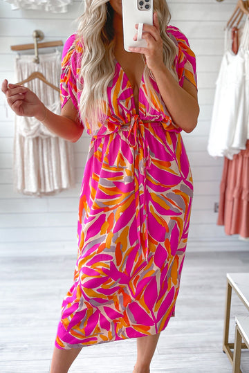 Tropical Leafy Print Drawstring V Neck Midi Dress