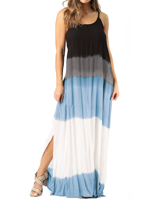 Sky Blue Spaghetti Strap Tie Dye Slit Maxi Dress