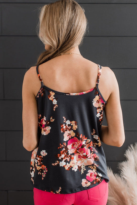 Black Floral Print Adjustable Spaghetti Strap V Neck Tank Top