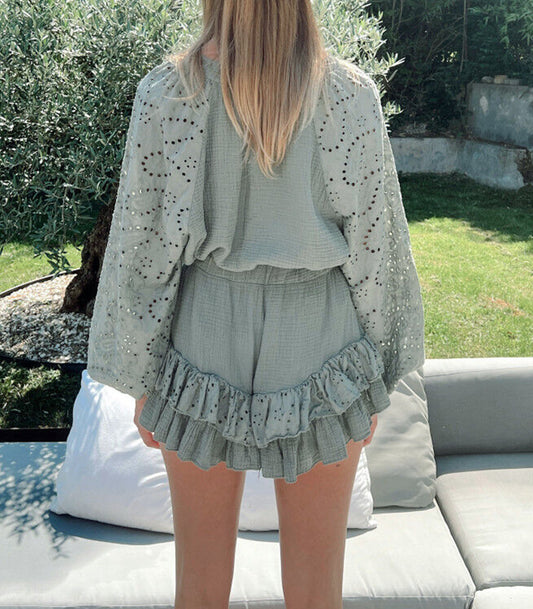 Crinkled Eyelet Raglan Sleeve Top Ruffled Shorts Set