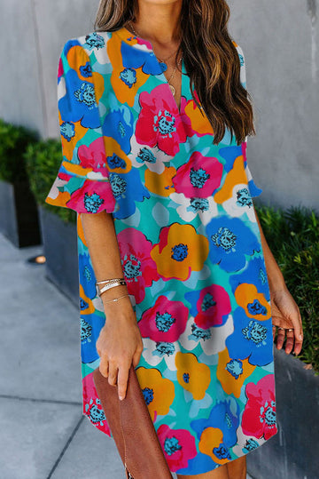 Split V Collar Ruffle Sleeve Floral Shift Dress