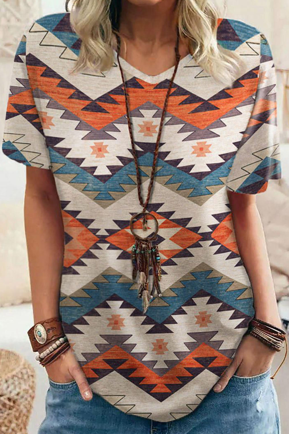 Beige Western Aztec Print Short Sleeve Top