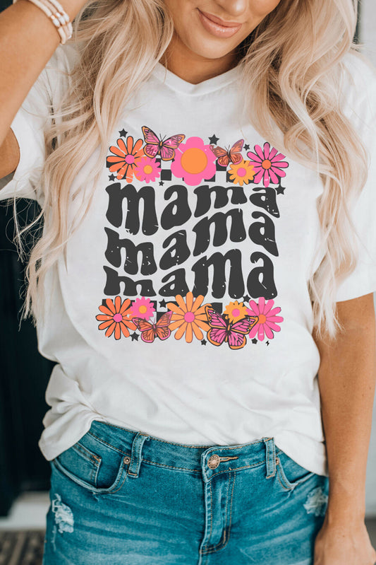 White mama Flower Graphic Print Short Sleeve T Shirt