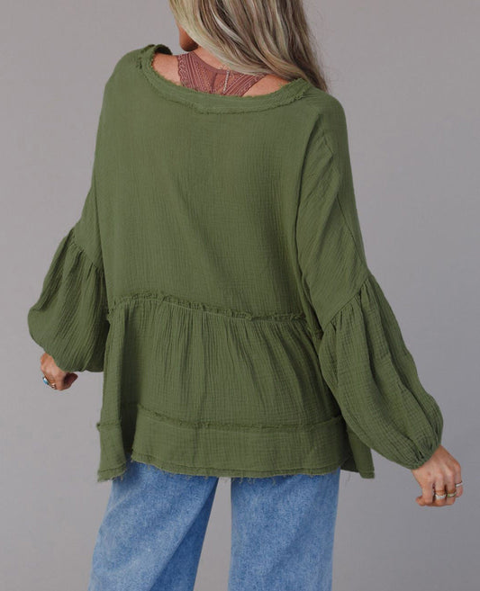 Henley Button Drop Shoulder Loose Sleeve Raw Edge Top