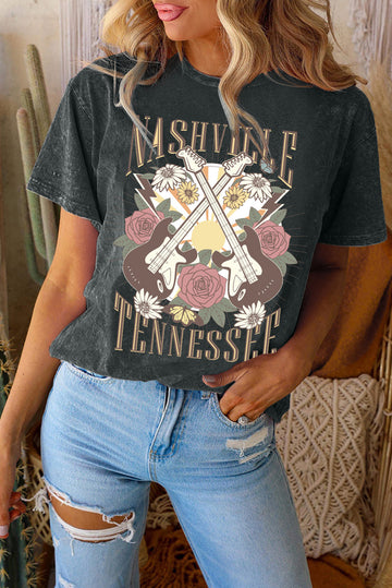 Black NASHVILLE TENNESSEE Guitar Flowers Graphic Tee