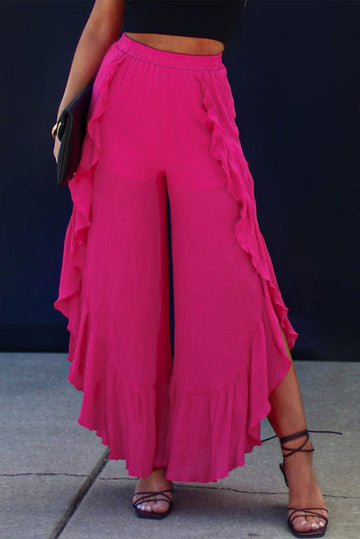 Ruffle Slit High Waist Wide Leg Pants