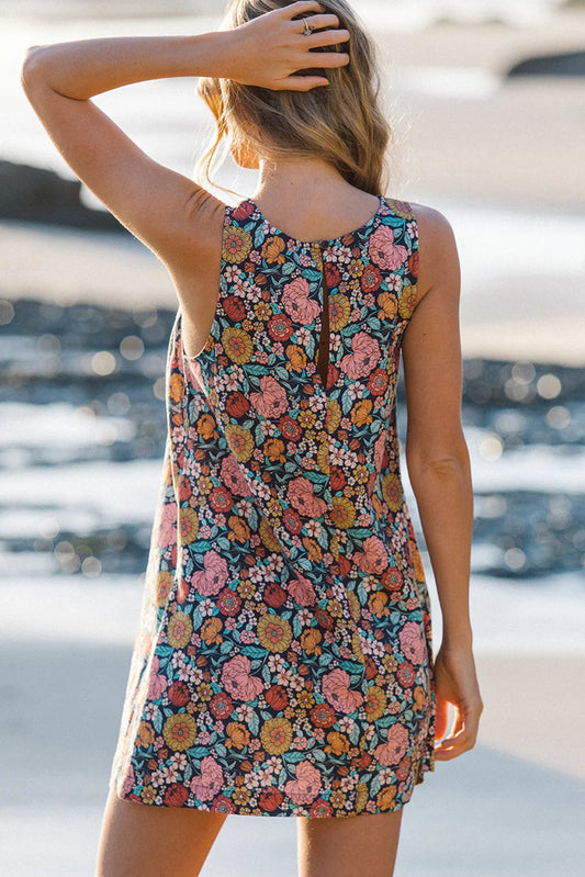 Vintage Floral Print Keyhole Back Sleeveless Mini Dress