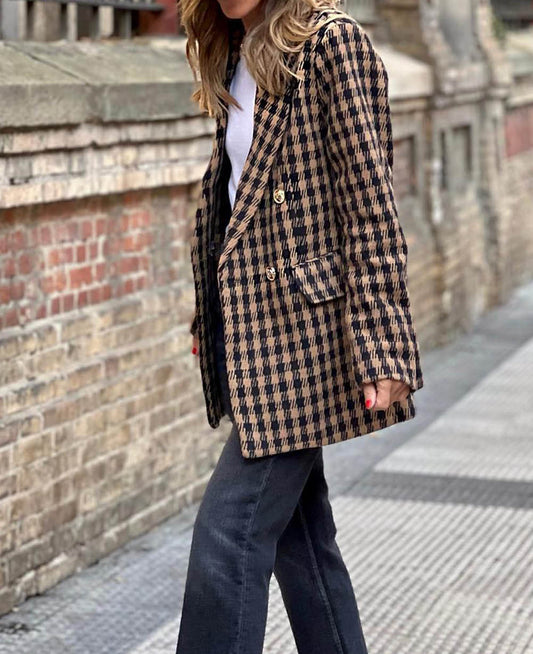 Tweed Plaid Pattern Double Breasted Blazer