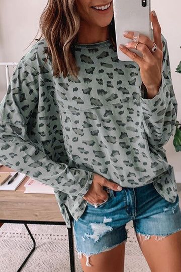 Animal Print Stitching Loose Long Sleeve Top