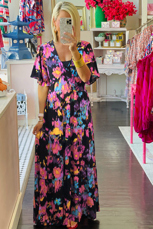 Black Abstract Floral Pattern Flutter Sleeve Tiered Maxi Dress