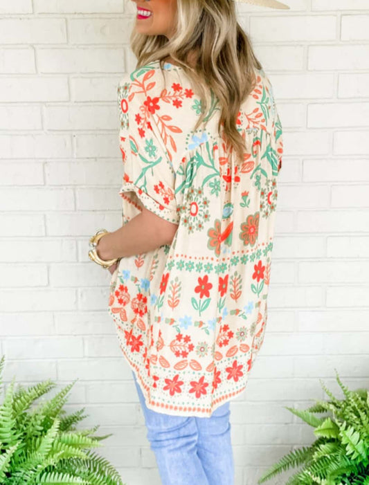 Ethnic Floral Print Rolled Sleeve Babydoll Top