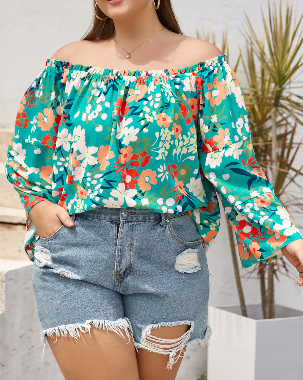 Floral Print Frilled Off Shoulder Plus Size Blouse