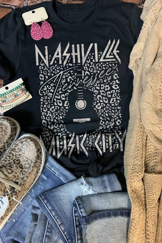 Black NASHVILLE MUSIC CITY Leopard Graphic Print Tee