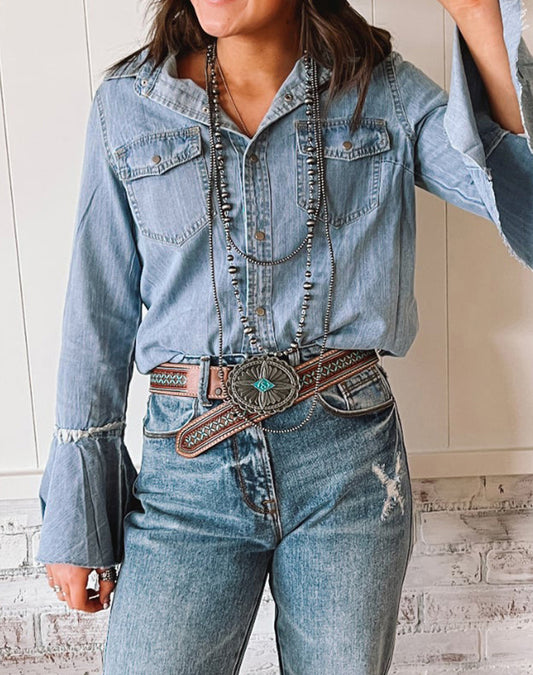 Chest Pockets Bell Sleeve Buttoned Denim Jacket