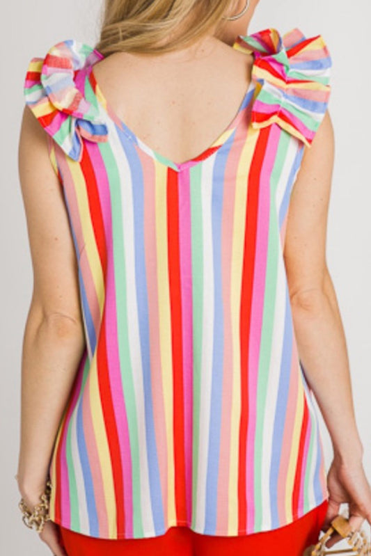 Striped V Neck Ruffle Straps Tank Top