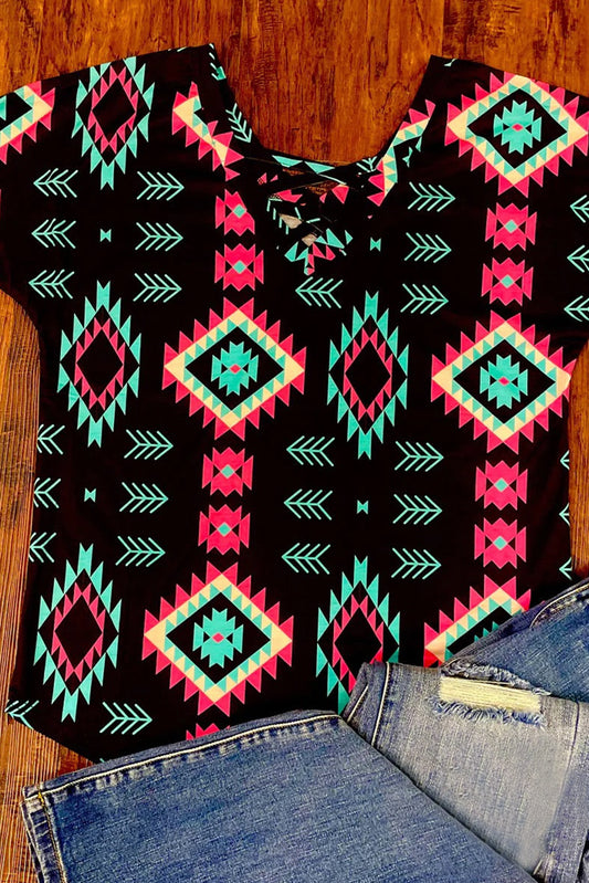 Western Fashion Aztec Print Crisscross V Neck Top