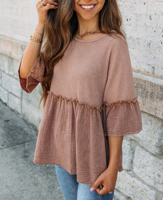 3/4 Ruffled Sleeve Textured Peplum Top